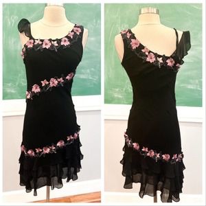 Vtg Y2K le chateu floral assymetrical dress black and floral